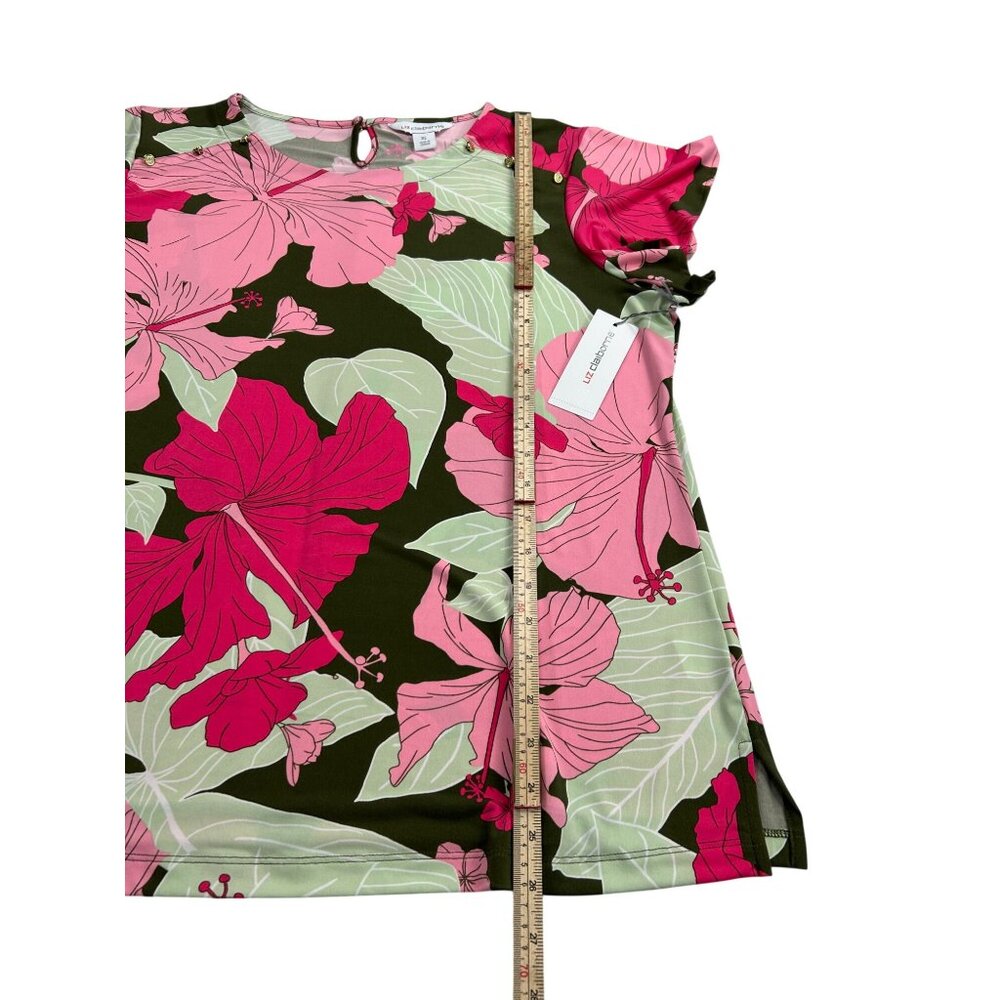 Liz Claiborne Womens XL Pink & Green Floral Print Top Short Sleeves Keyhole Back - Picture 8 of 11